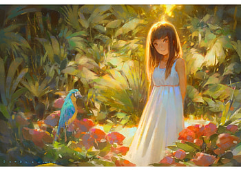 Greenhouse, bird, cushart, art, fantasy, girl, krentz, parrot, summer, vara HD wallpaper