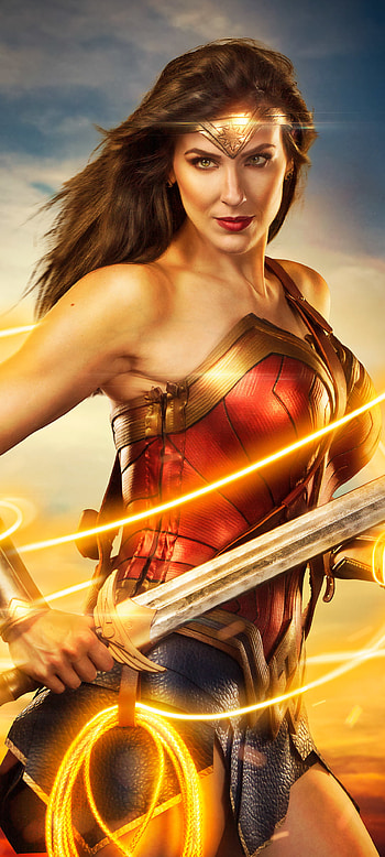 DC Comics, brunette, lipstick, sword, Wonder Woman, woman, cosplay HD phone wallpaper