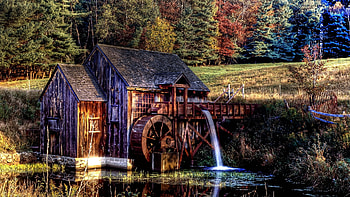 Mill Creek, river, creek, peaceful, reflection, trees, autumn, watermill, water, pond, mill, fall, meadow, beautiful, summer, leaves, waterwheel, fotest, field, nature, forest HD wallpaper