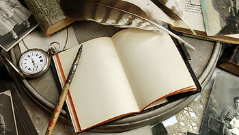 Clock, Feather, Miscellanea, Miscellaneous, Book, Notebook, Pen HD wallpaper