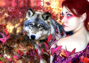 Wolf & Girl of Autumn, wolves, fall, beautiful girls, weird things people wear, digital art, creative pre-made, love four seasons, leaves, fantasy, animals, manipulation, autumn, girls, models HD wallpaper