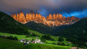 Santa Maddalena, Dolomites, Italy, peaks, clouds, sky, alps, church, houses, rocks, village HD wallpaper