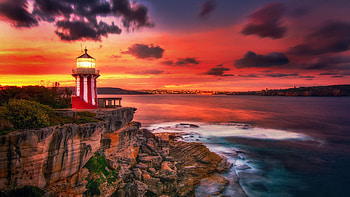 Hornby Lighthouse, Watsons Bay, NSW, Australia, sunset, coast, sea, colors, clouds, sky, rocks HD wallpaper