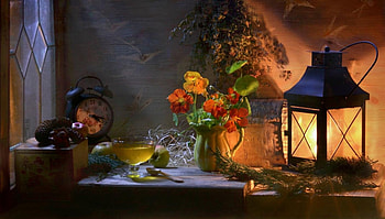 Autumn Still Life, table, window, Fall, pine cones, vase, Autumn, still life, apples, box, fruit, flowers, lantern, pinecones HD wallpaper