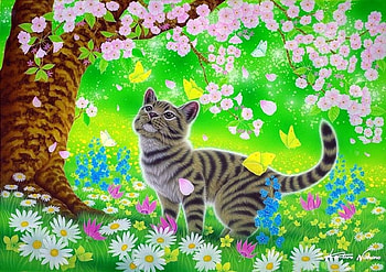 Under the Cherry Blossoms, attractions in dreams, cats, paintings, spring, butterflies, love four seasons, animals, butterfly designs, flowers, cherry blossoms HD wallpaper
