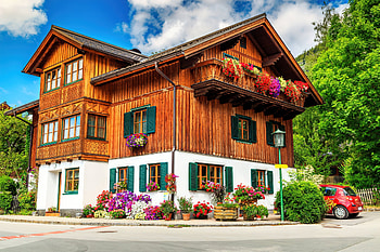 Alpine house, Alps, colorful, wooden, que, house, beautiful, balcony, spring, summer, Austria, flowers, Eurpoe HD wallpaper