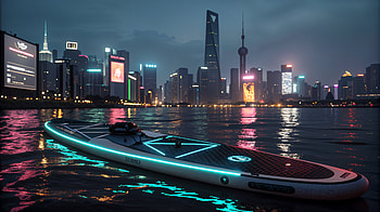 Paddle Board Serenity: A Stunning Ultra, paddle board, city skyline, night, Shanghai HD wallpaper