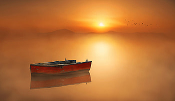 Beautiful, boat, sea, birds, hills, landscape, fog, lived, nature, sun, sunset HD wallpaper