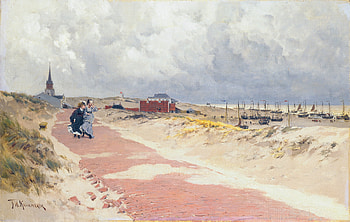 View of Scheveningen, art, beach, woman, summer, pink, painting, pictura, frederik hendrik kaemmerer, couple HD wallpaper