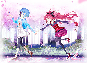 Mahou Shoujo Madoka Magica, petals, 2 girls, short hair, long hair, miki sayaka HD wallpaper