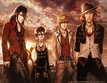 Byakuya, Rukia, Ichigo, Renji, ichigo, orange hair, jackets, tattoo, necklace, red hair, long hair, rukia, ichigo kurosaki, jeans, bleach, kuchiki byakuya, kurosaki ichigo, renji, belts, renji abarai, abarai renji, short hair, alternate clothing, hat, sunset, skirt, rukia kuchiki, thigh highs, byakuya kuchiki, black hair, kuchiki rukia, anime, byakuya, clouds, sky HD wallpaper