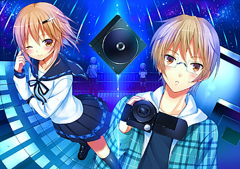 At the night fireworks, brown eyes, fireworks, camera, video camera, light brown hairs, cd rom case, school roof, school uniform HD wallpaper