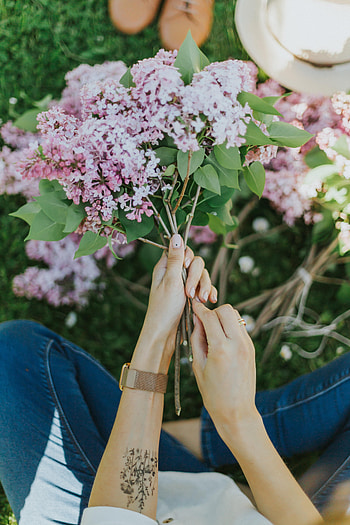 Flowers, Lilac, Hands, Girl, Tattoo HD phone wallpaper