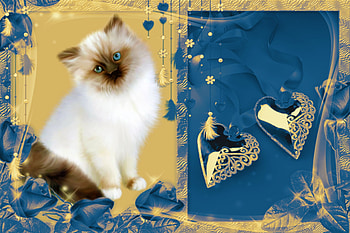 Kitty Cat & Hearts, Layered, Feather, hop, Kitty, Cute, Gold, Hearts, Flowers, Cat, Frame, Blue HD wallpaper
