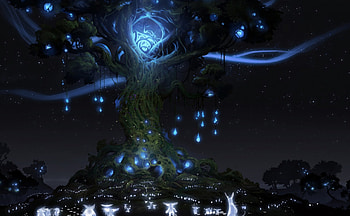 Ori and the Blind Forest, night, black, art, dark, tree, digital, fantasy, animals, light, magical, luminos HD wallpaper