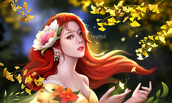 Autumn girl, fantasy, flower, yellow, autumn, tiny truc, redhead, girl, luminos HD wallpaper