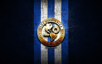 Sol de America FC, golden logo, Paraguayan Primera Division, blue metal background, football, Venezuelan football club, Sol de America logo, soccer, Venezuelan Primera Division, Club Sol de America HD wallpaper