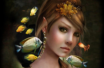 Mermaid, frumusete, girl, summer, fantasy, pesti, face, fish, luminos, water, vara HD wallpaper