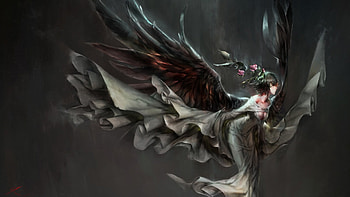 arcangel, black, feathers, cute, dress, beauty, abstract, female, wings, art, grey, girl, woman, anime, fantasy, flowers, lovely HD wallpaper