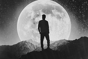 Moon, silhouette, alone, explorer, man, mountains HD wallpaper
