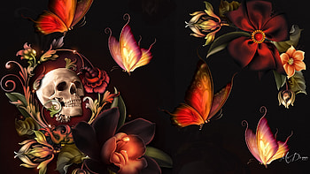 Gothic Butterflies, roses, Firefox theme, butterflies, gothic, skull, flowers, dark HD wallpaper