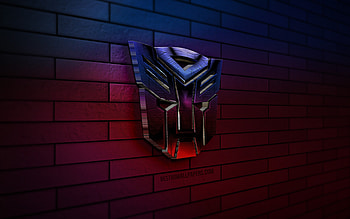Transformers 3D logo, , violet brickwall, creative, superheroes, Transformers logo, 3D art, Transformers HD wallpaper