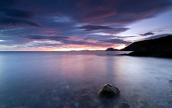 Nature, Sunset, Stones, Lilac, Twilight, Horizon, Dusk, Water Surface HD wallpaper