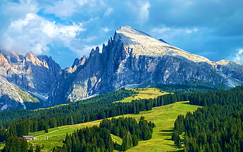 Sasso Piatto, Alpe di Siusi, Dolomites, Italy, clouds, landscape, sky, alps, trees HD wallpaper