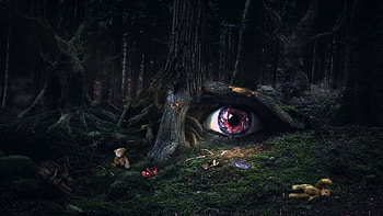 Nightmare, creepy, dark, halloween, pink, fantasy, bear, teddy, eye, forest HD wallpaper