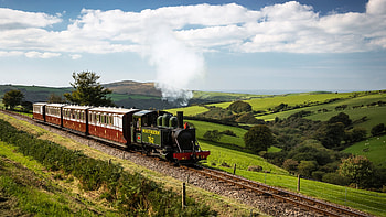 Vintage train in Exmor, Devon, England, clouds, trees, railways, landscape, sky, train, nature, steam HD wallpaper