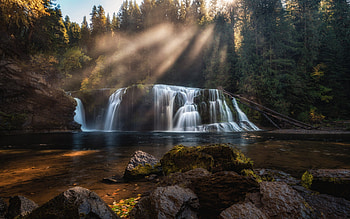waterfall, morning, sunrise, beautiful waterfall, forest, calm, trees, calm concepts HD wallpaper