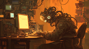 Sci-Fi Programmer and Robot in Action, Sci Fi, programmer, robot, cyberpunk, technology HD wallpaper
