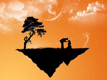 A Sweet and Tender Love, fantasy, sky, lovers, floating island, orange, tree HD wallpaper
