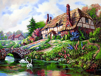 country life, river, swan, country, house HD wallpaper