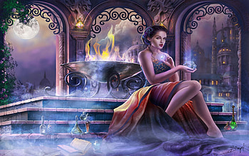 A Night For Enchantment, digital, art, girl, castle, fire HD wallpaper