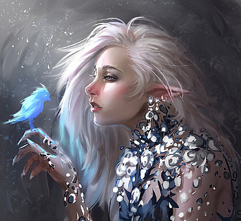 Elf witch, face, girl, zero akuma, elf, witch, blue, art, bird, fantasy, luminos HD wallpaper