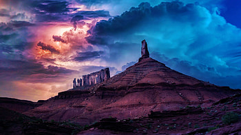 Thunderstorms in Castle Valley, Utah, lightning, clouds, colors, sky, rocks, mountains, usa HD wallpaper
