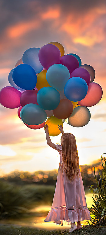 Girl with Balloons, cloud, sky, balloon, nature, , , cute, colorful, child HD phone wallpaper