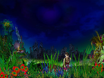 blue fantasy, colorful, color, city, fantasy, hop, flowers, grass, girl HD wallpaper
