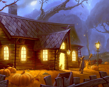 Halloween house, night, colorful, magic, house, peaceful, beautiful, dark, halloween, october, light, pumpkin, fruit, view HD wallpaper