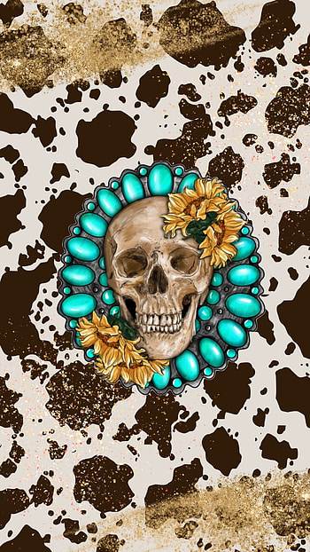 Skull Cowhide, boho, glitter, turquoise, western, sunflowers HD phone wallpaper