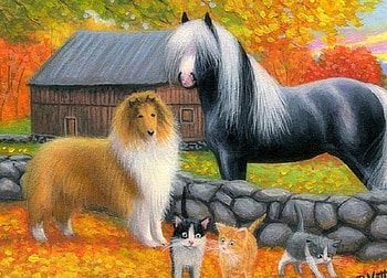 Baby Sitting, dog, horse, fall, cats, colors, paintings, kittens, love four seasons, animals, autumn, draw and paint HD wallpaper