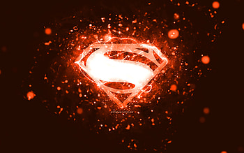 Superman orange logo, , orange neon lights, creative, orange abstract background, Superman logo, superheroes, Superman HD wallpaper