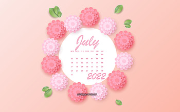 July 2022 Calendar, , pink flowers, July, 2022 summer calendars, 3d paper pink flowers, 2022 July Calendar HD wallpaper