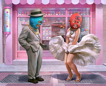 Spring breeze, couple, dress, art, alon chou, mask, man, girl, wind, pink, breeze, fantasy HD wallpaper