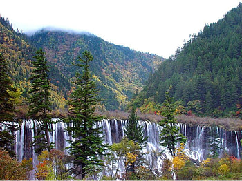 Waterfall, trees, sky, nature HD wallpaper