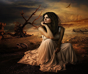 Dark Times, eagle, fantasy, desert, beautiful, clock, woman, beauty HD wallpaper
