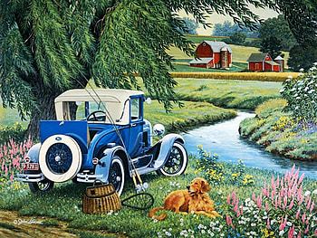 Country Life, dog, artwork, river, barn, car, nature, flowers HD wallpaper