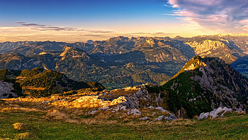 Styria, Austria, alps, sunset, trees, landscape, colors, sky, rocks HD wallpaper
