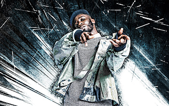 Kojey Radical, grunge art, british rapper, music stars, Kojey Radical with micro, gray abstract rays, british celebrity, Kojey Radical HD wallpaper
